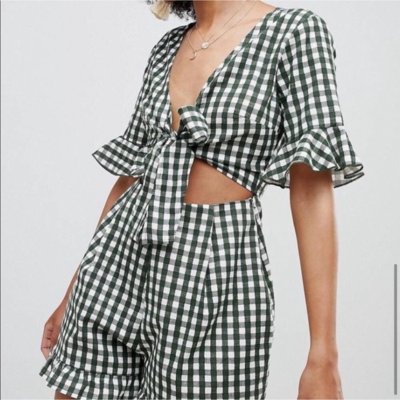 ASOS Pants - ASOS Green Gingham Tie Front Romper 4